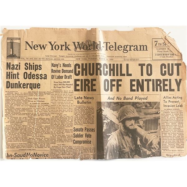 WWII 1944 New York World Telegram Original Vintage Newspaper - Churchill to Cut of Eire Entirely