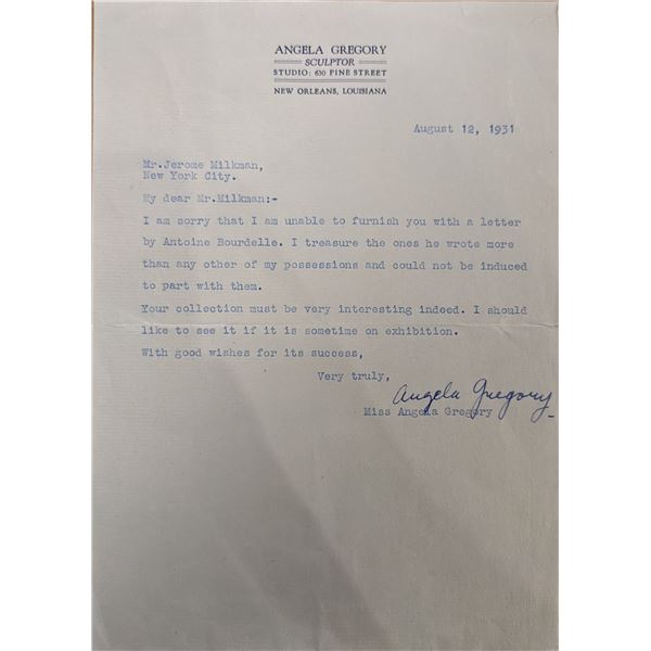 Sculptor Angela Gregory Signed Letter