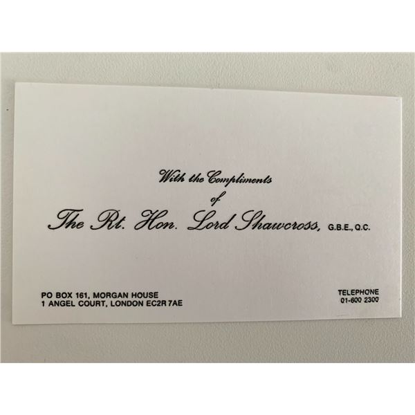 Sir Hartley W. Shawcross unsigned business card.
