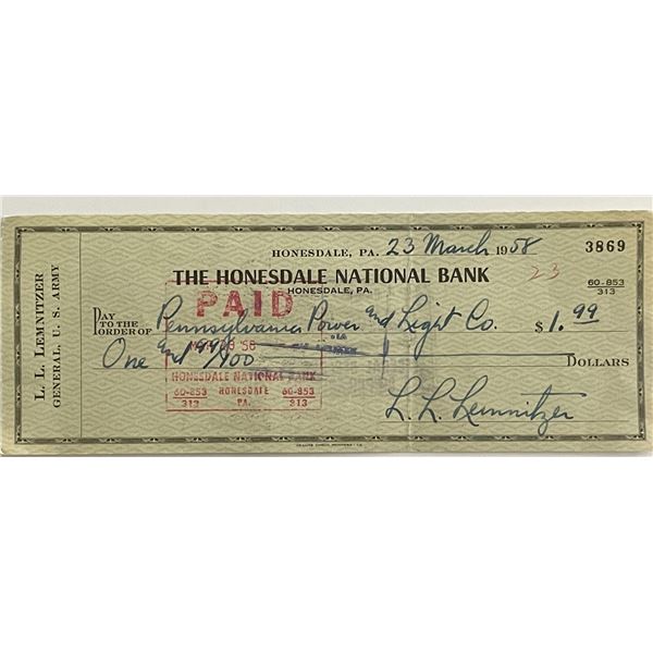 Former United States Chairman of the Joint Chiefs of Staff Lyman Lemnitzer signed check