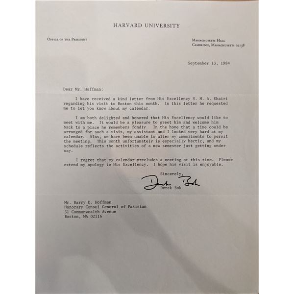 Harvard President Derek Bok Signed Letter