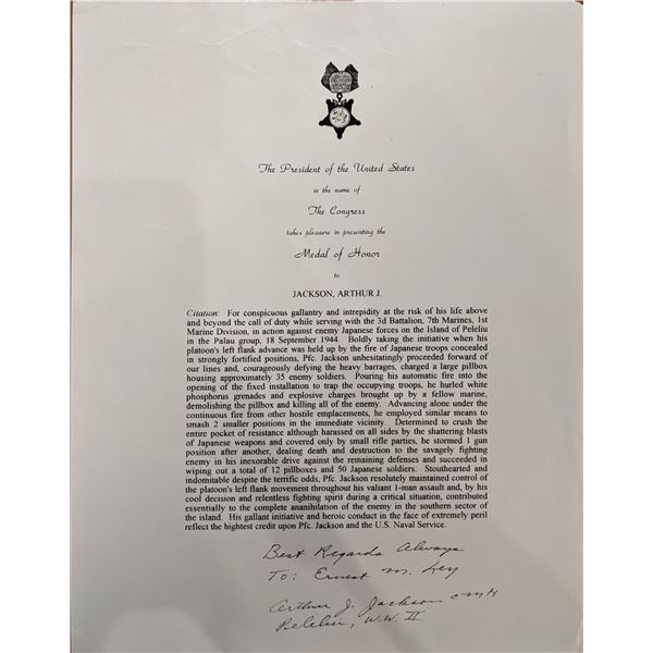 WW2 MOH Recipient Arthur J. Jackson Signed Page