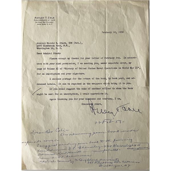 US Navy Admiral Harold R. Stark unsigned letter