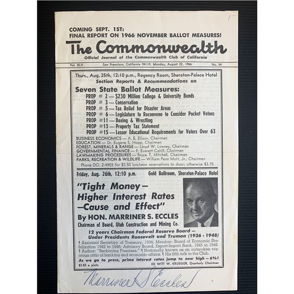 Marriner S. Eccles Signed The Commonwealth Journal