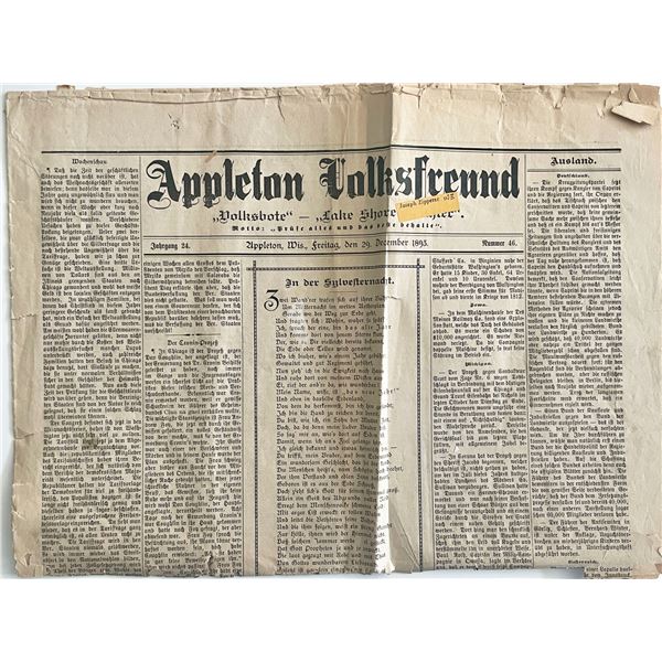 1893 Appleton Volksfreund German Language Vintage Newspaper