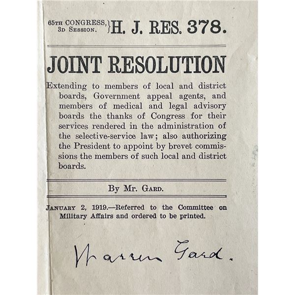 Political Resolution 1919 Warren Gard signed letter