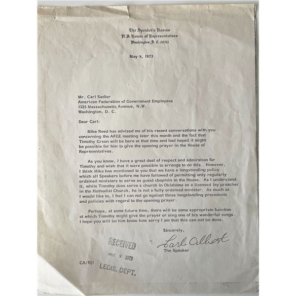 US House of Representatives Carl Albert signed letter