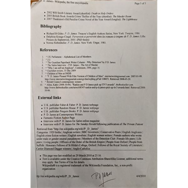 P.D. James Signed Bio Page