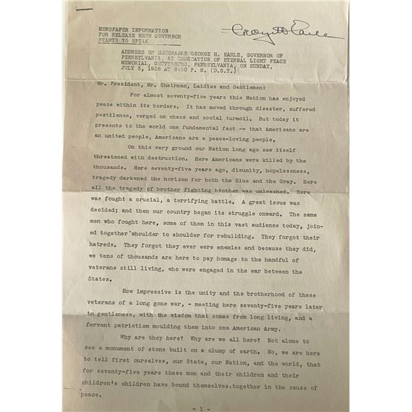 Gov. of Pennsylvania George H. Earle signed letter