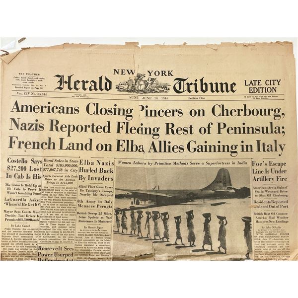 WWII 1944 New York Herald Tribune Original Vintage Newspaper