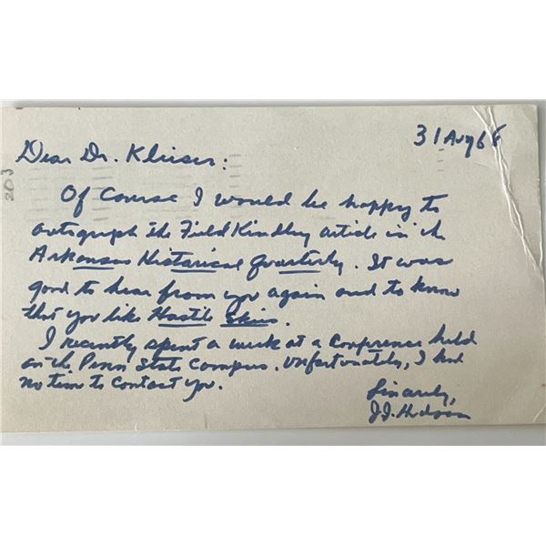 WW2 fighter pilot J.J. Hudson signed note