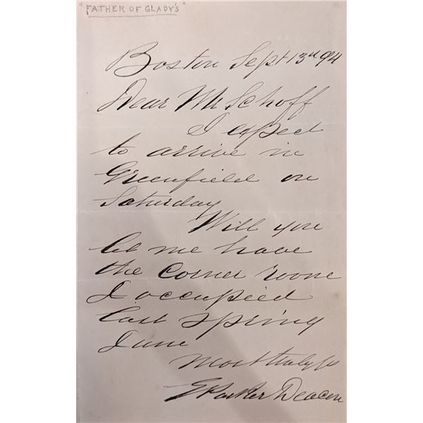 Church Deacon S. Parker Signed Note. 1894.