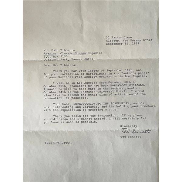 Author Ted Sennett signed letter