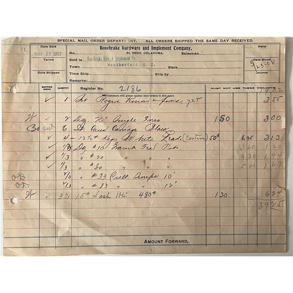 1902 Bronebrake Hardware store accounting log