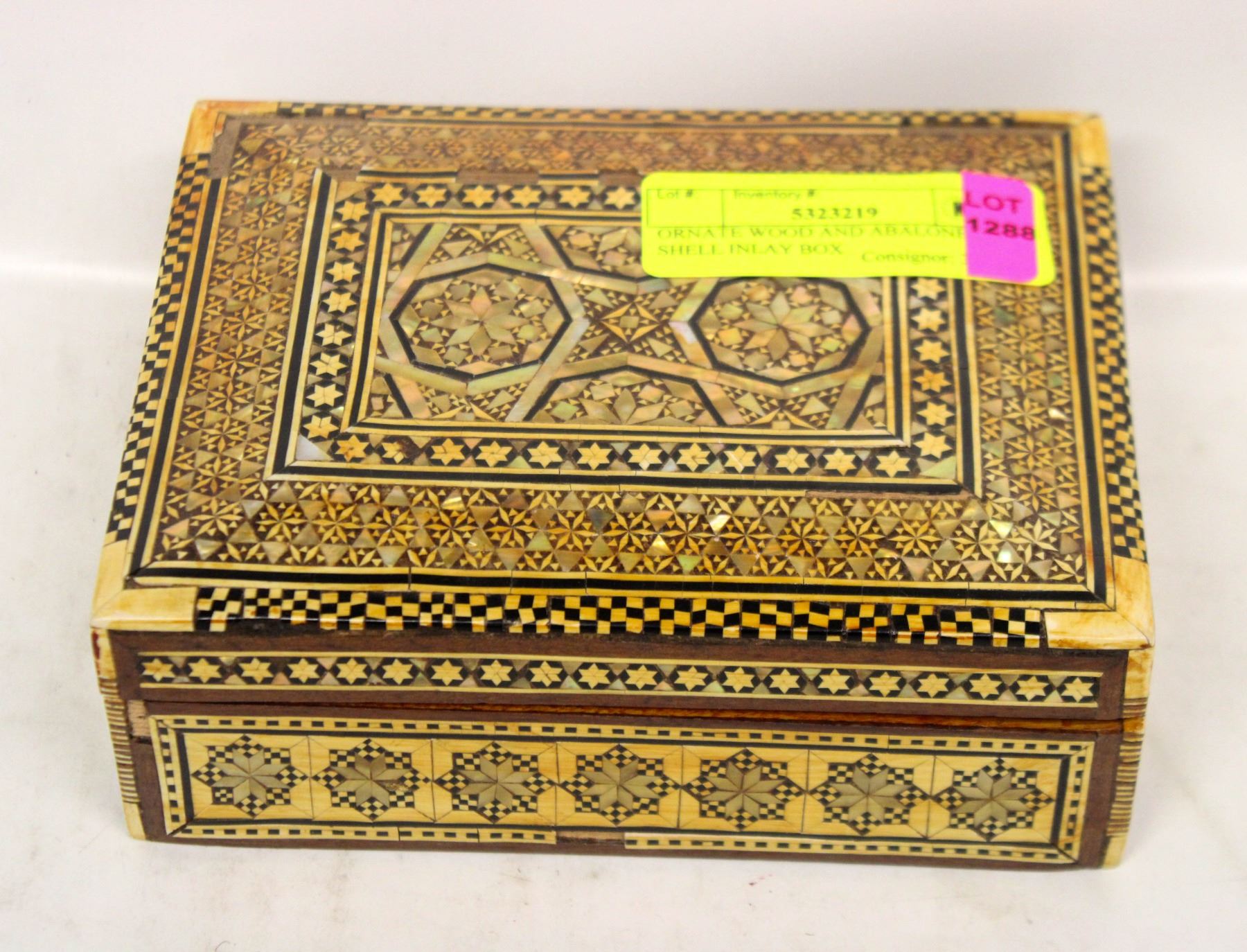ORNATE WOOD AND ABALONE SHELL INLAY BOX