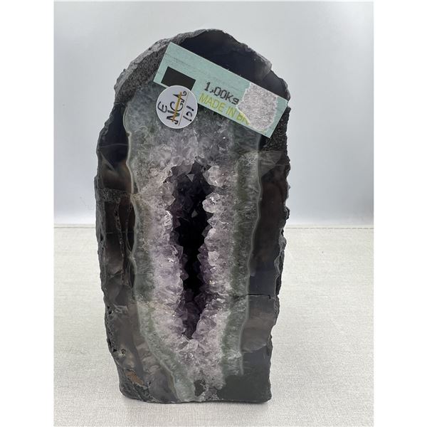 5.4 X 2.1 INCH  AMETHYST GEODE WITH GREEN AGATE BANDS