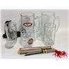 5 ASSORTED GLASS MUGS, A&W + BEER; 2 JAPANESE