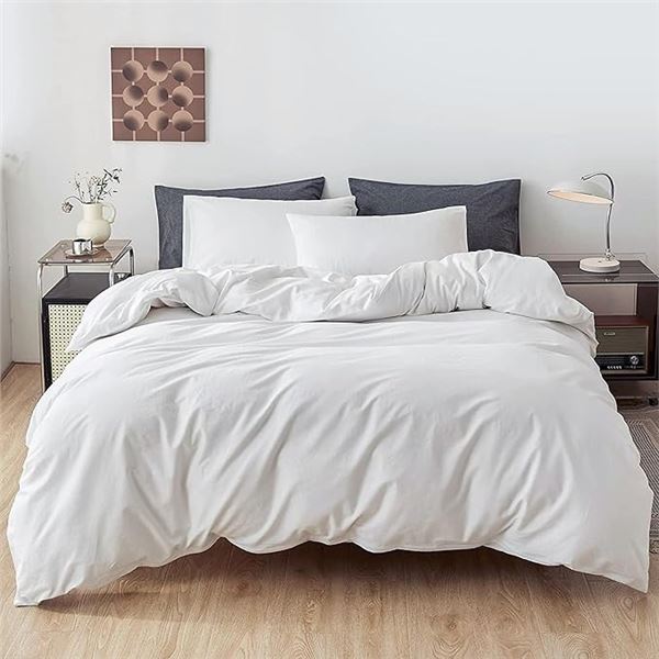 1 Queen Size 3PC Duvet Cover Set - Super Soft/Breathable - White - New