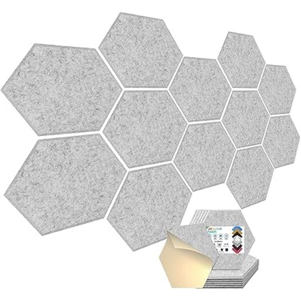 12-Pack of Hexagon Acoustic Wall Sound-Absorbing Panels for Home/Office/Studio (Grey) - New