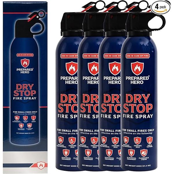 4-Pack of Dry Stop Fire Sprays by Prepared Hero; Portable Fire Extinguishers/Easy to Use - NEW