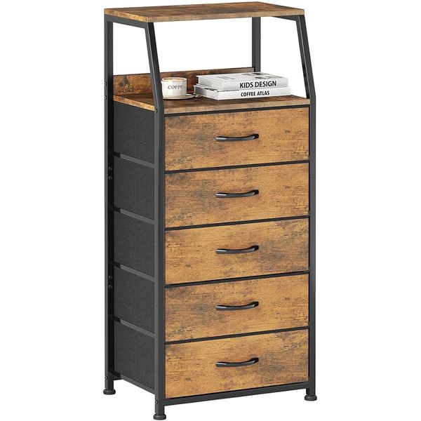 1 Mexin 5-Drawer Storage Tower for Bedroom - Rustic Brown (43" x 16" Size) - New (Assembly Req'd)