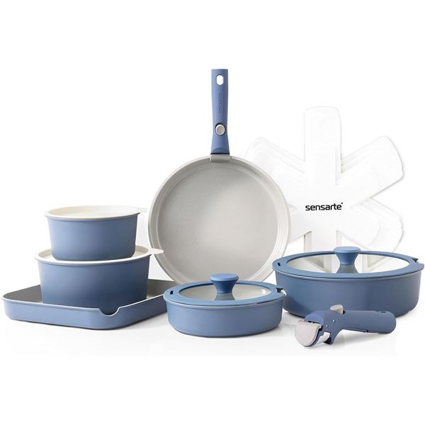 Sensarte 17-Piece Ceramic Pots and Pans/Non-Stick Cookware Set - Navy Blue - New in Box