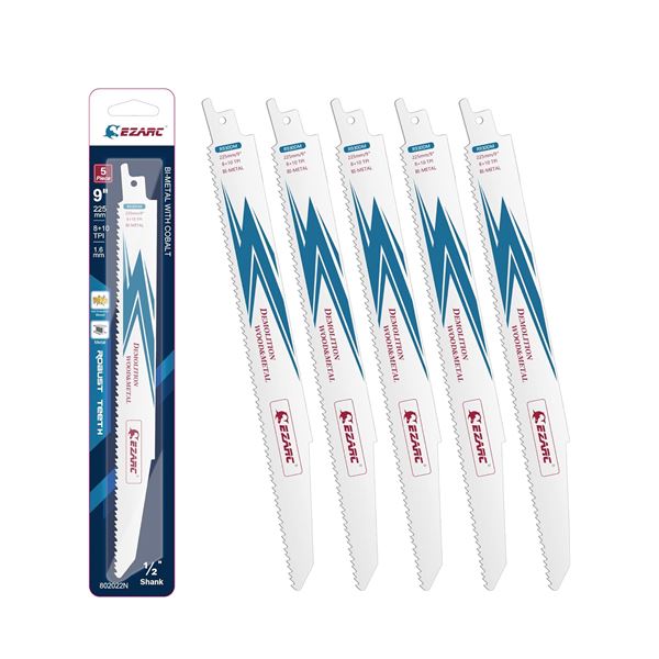 1 5-Pack of Ezarc Wood and Metal 9inch 1/2inch Shank Reciprocating Saw Blades - New