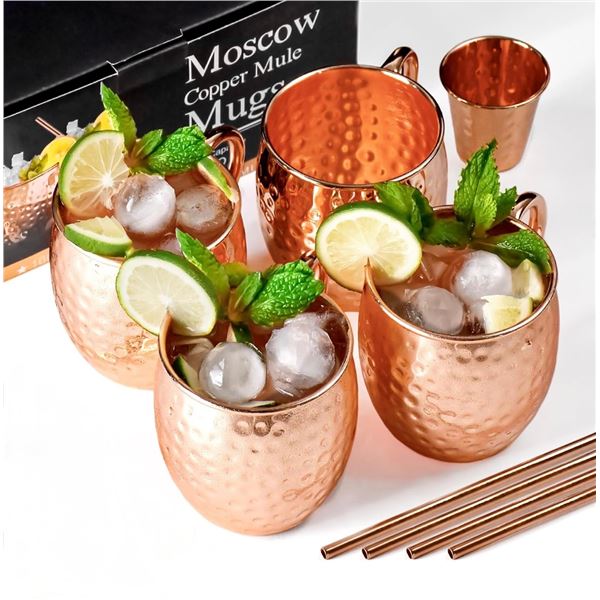 1 4-Pack of 16oz Moscow Mule Copper Mugs with Straws and Shot Glass - New