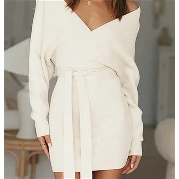 1 Zonsaoja Women's Sweater Dress/V-Neck Long Sleeve Dress - XL - White - New Sealed