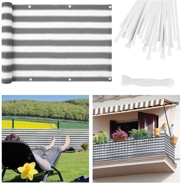 1 Balcony/Patio Privacy Screen - 90 x 460cm Size - Grey/White; UV-Proof/Weather Resistant - New