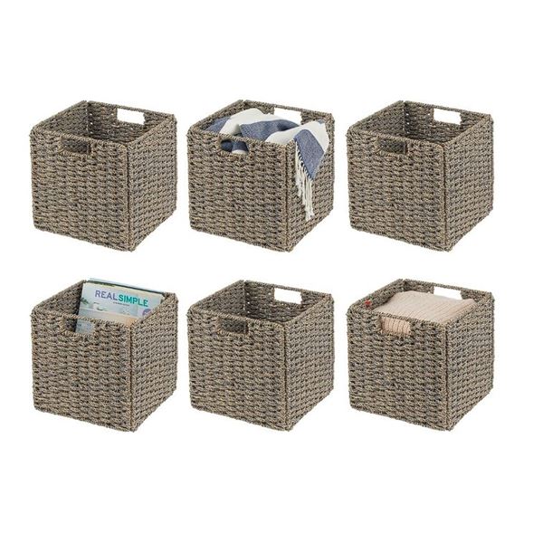 6-Pack of mDesign Seagrass Woven Folding Cube Storage Baskets - Gray Wash - New in Box