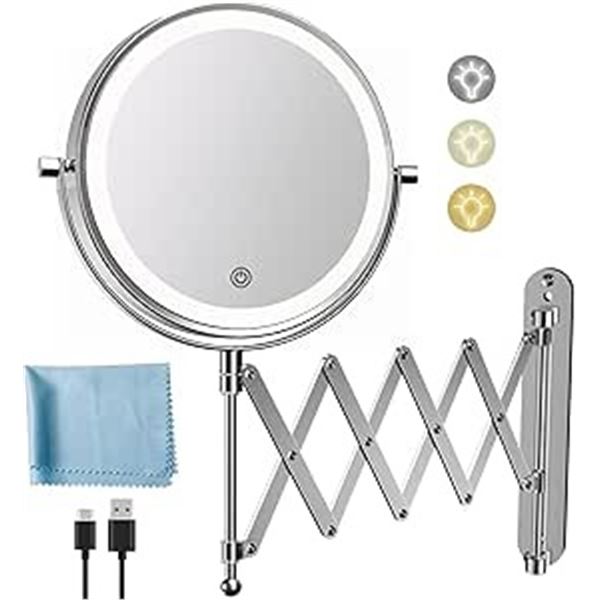 1 Rechargeable Wall Mounted Makeup Mirror; 8-Inch Double Sided 1X/10X Magnification - NEW