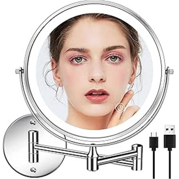 1 Rechargeable 8" LED Lighted Wall Mounted Makeup Mirror; Dual Sided w/ 1X/10X Magnification - NEW