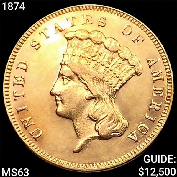 1874 $3 Gold Piece CHOICE BU