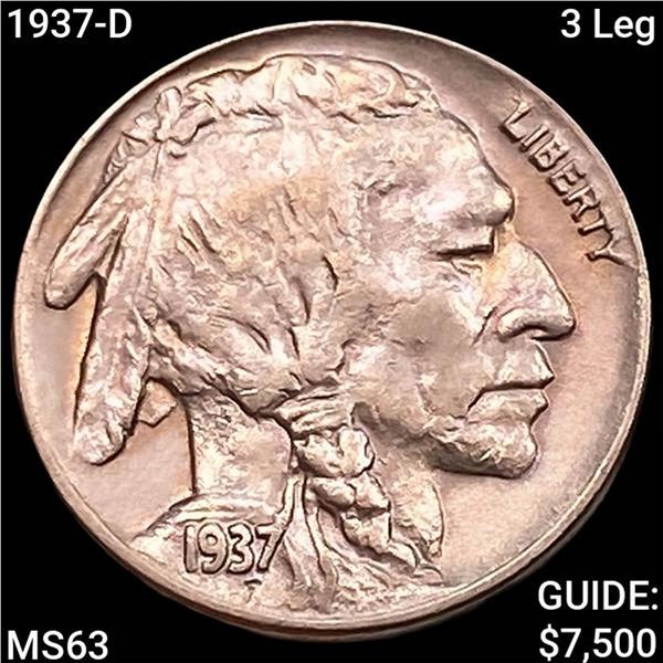 1937-D 3 Leg Buffalo Nickel CHOICE BU