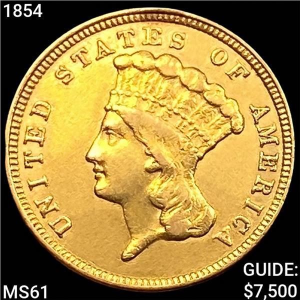 1854 $3 Gold Piece UNCIRCULATED