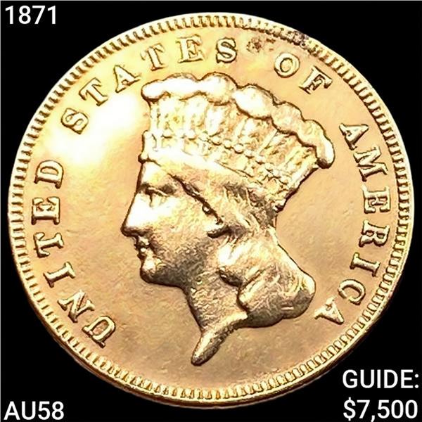 1871 $3 Gold Piece CHOICE AU