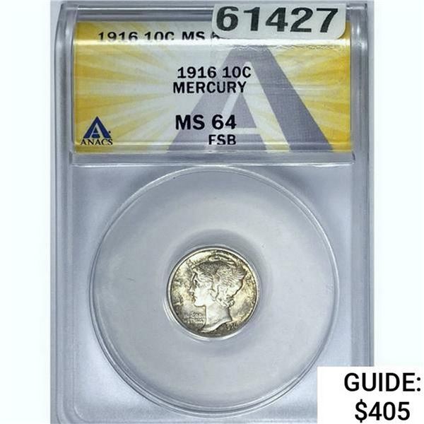 1916 Mercury Silver Dime  MS64 FSB