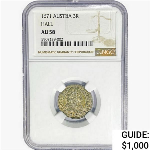 1671 Austria 3 Kreuzer Hall .0519oz. SILV NGC AU58