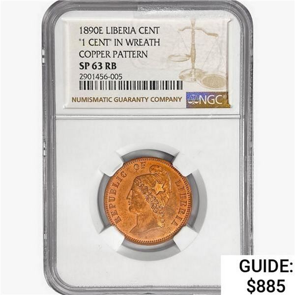 1890E Liberia 1 Cent NGC SP63 RB Copper Pattern