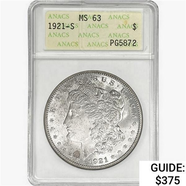 1921-S Morgan Silver Dollar ANACS MS63