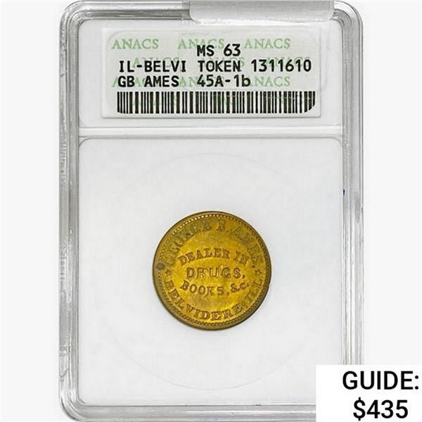 1863 IL-Belvi Token GB Ames ANACS MS63