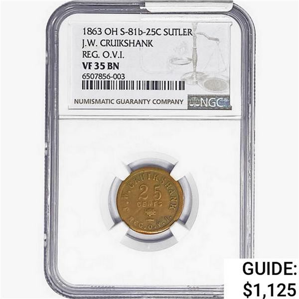1863 OH Token REG OVI S-81b-25C Sutler NGC VF35 BN