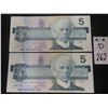 Image 1 : 2 Canadian 1986 5 Dollar Bills W/Consecutive Serial Numbers, 