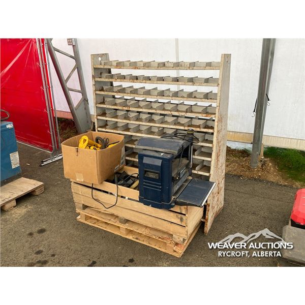 BOLT BIN W/ ASSORTED DEWALT TOOLS & PLANER