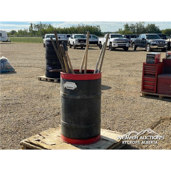 ASSORTMENT OF PICK AXES, SPADES, RAKES