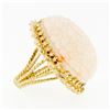 Image 5 : Vintage 14k Gold LARGE Hand Carved Flower Motif Oval Pink Angel Skin Coral Ring