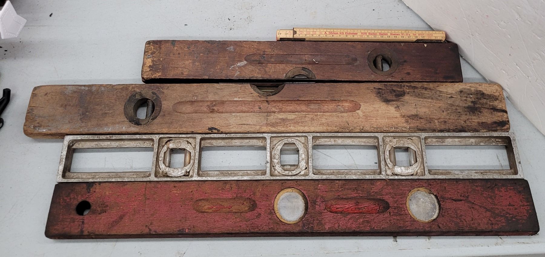 Old Level Ruler Image 3 Antique Wooden Levels, 1 Vtg Metal Level + 1 Vtg Folding Ruler