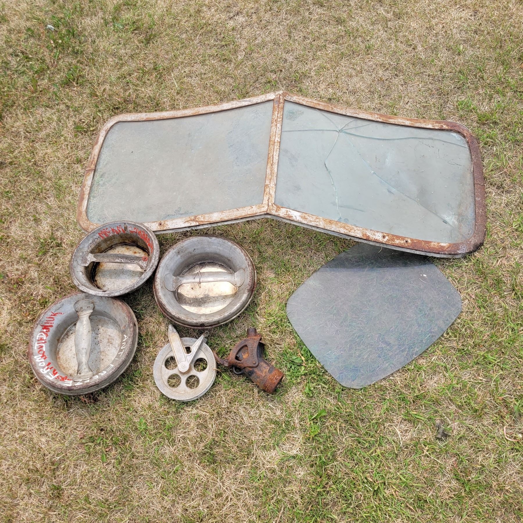 Split Pane Windshield Ford? + Clotheline Wheel, Milk Jug Caps, Well Part