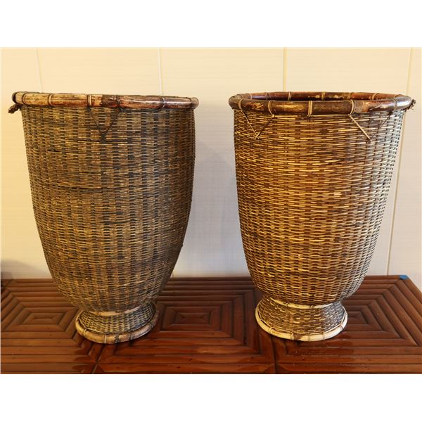 Qty 2 Footed Woven Baskets 12" Dia, 18"H